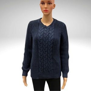 Nautica Cable Knit Crew Neck Pullover Sweater Side Slits Navy Blue Womens Medium